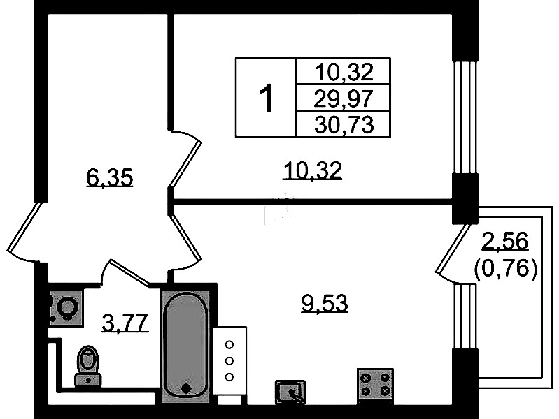 1-комнатная квартира 30.73 м², 7/13 эт., ЖК «Квартал Торики»